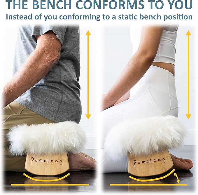 Meditation Bench Luxury Genuine Sheepskin Seat Cover meditate deeper & longer in pure comfort - mindful prayer kneeler - unique ergonomic design supports back and knees to bring health & wellbeing