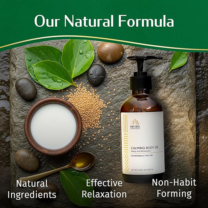 Kerala Ayurveda Calming Body Oil for Relaxation and Sleep (6.8 Fl Oz) | Ksheerabala Thailam | Herbal Foot Massage Oil to Destress & Rejuvenate | Non-Habit Forming | Ayurvedic Recipe for Relaxation