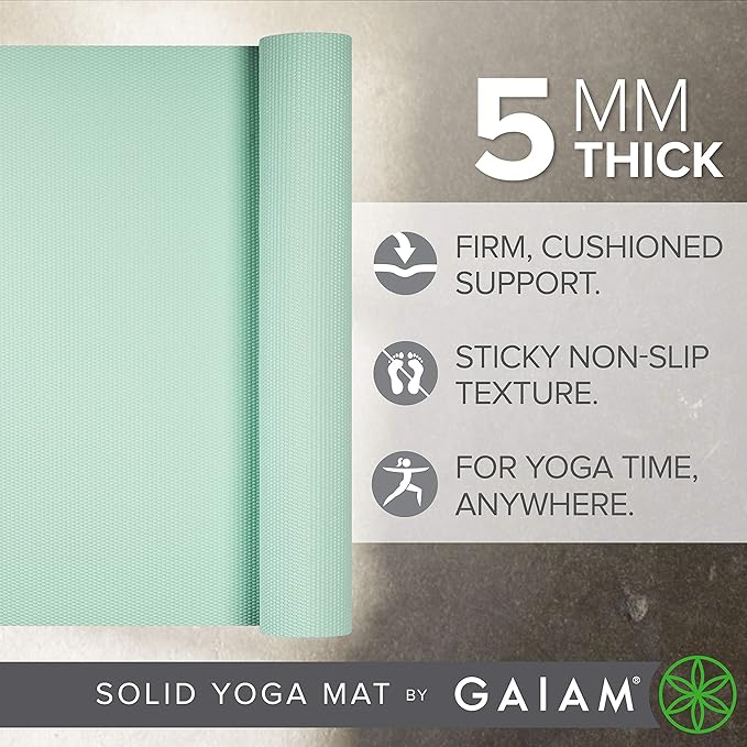 Gaiam Yoga Mat - Premium 5mm Solid Thick Non Slip Exercise & Fitness Mat for All Types of Yoga, Pilates & Floor Workouts (68" x 24" x 5mm)