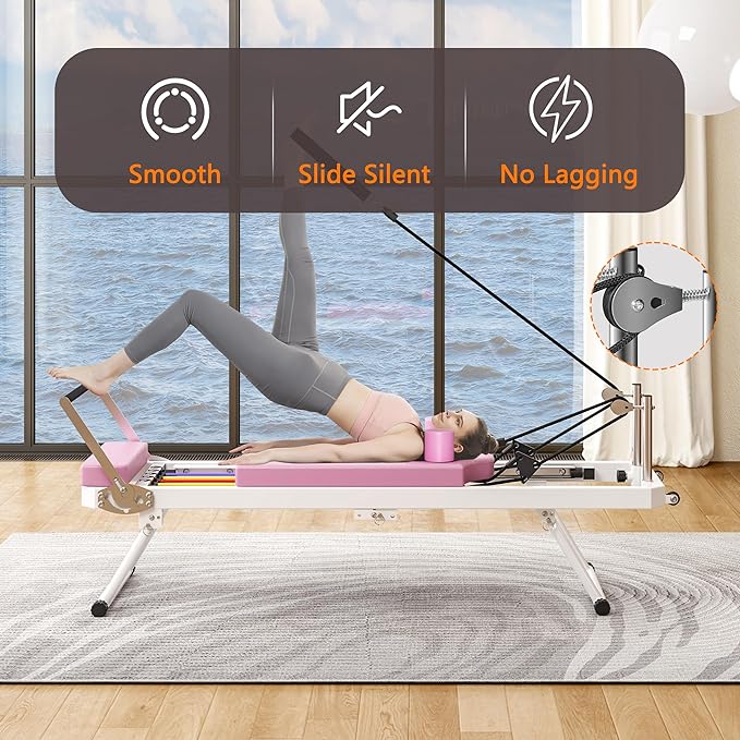 Beige Pilates Reformer, Foldable Pilates Machine for Home Gym Workout, Pilate Equipment with High Strength Alloy Springs for Beginners, Up to 330lbs