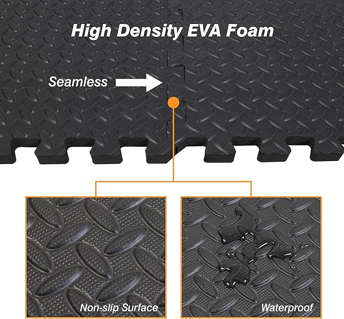 Mat Block EVA Exercise Floor Mats: Interlocking Foam Tile Performance Mats - 6 Tiles (Area: 24 SQ FT) 1/2 inch Thickness, EVA Home Gym Exercise Floor Mats for All Exercises or Equipment, Black