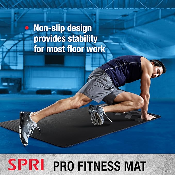 SPRI 12mm Pro Fitness Matt - Thick Exercise Mat for Floor Workouts, Sit-Ups, Push-Ups, Stretching, Toning, and General Fitness - Non-Slip Texture, Cushioned, Portable Rolling Mat with Carrying Strap