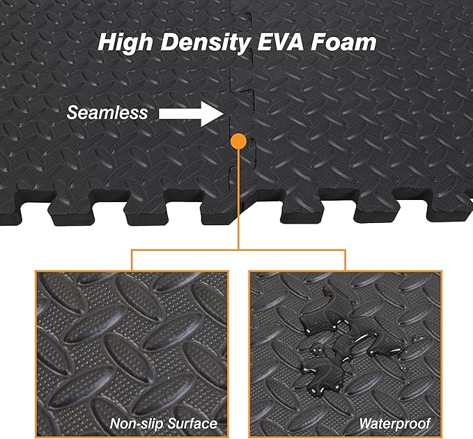 TCE AUPM001BK Interlocking Foam Mat Protective Exercise Workout Puzzle Floor Mat Tiles for Home Gym Equipment - 6 Pieces, 24 Square feet, Black