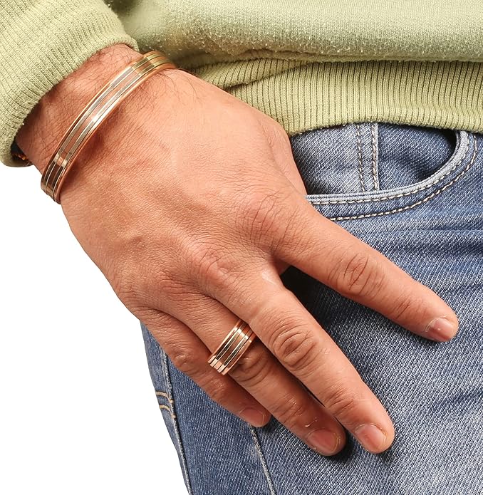 Handcrafted Copper Magnetic Hand Forged with Solid and High Gauge Tibetan Style Minimalistic Elegance Copper Bracelet and Matching Ring.
