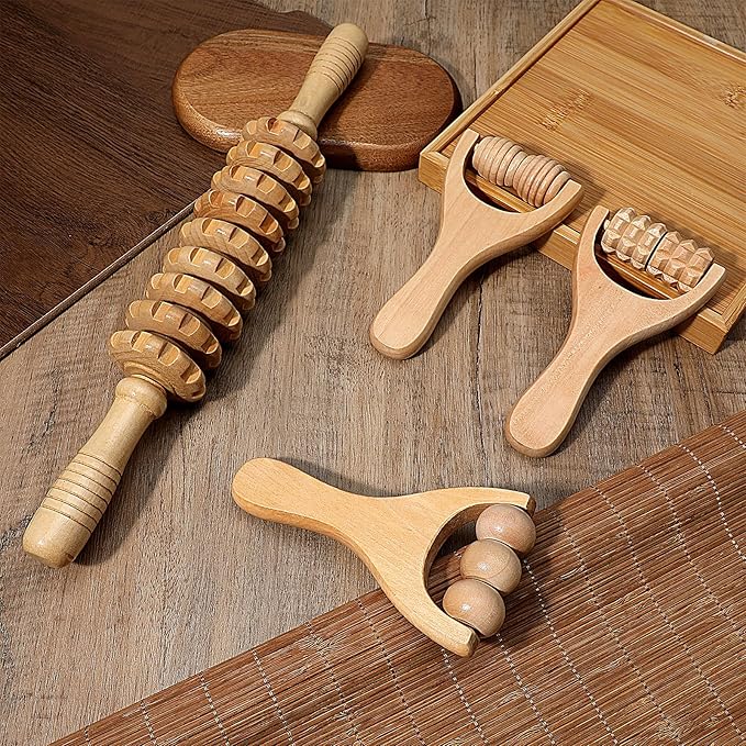4Pcs Wood Therapy Massage Tools, Portable Manual Wooden Massage Roller Stick, Muscle Roller Stick for Body Sculpting Wood Roller Masssager for Relax Thigh, Leg, Belly Fat, Full Body, Muscle,Cellulite