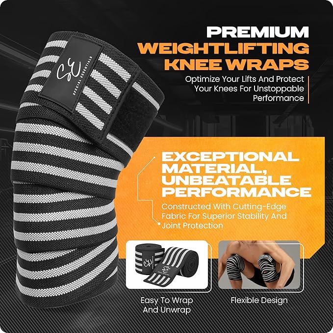 Special Essentials Knee Wraps for Weightlifting with Strap (2 Pack) - 72 Inches Flexible Support for Men & Women, for Powerlifting, Squats, Leg Press, and Cross Training