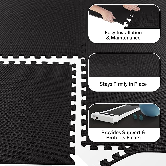 EVA Foam Mat Tiles 12-Pack - 48 SQ FT of Interlocking Padding for Garage, Playroom, or Gym Flooring - Exercise Mat or Baby Playmat by Stalwart (Black)