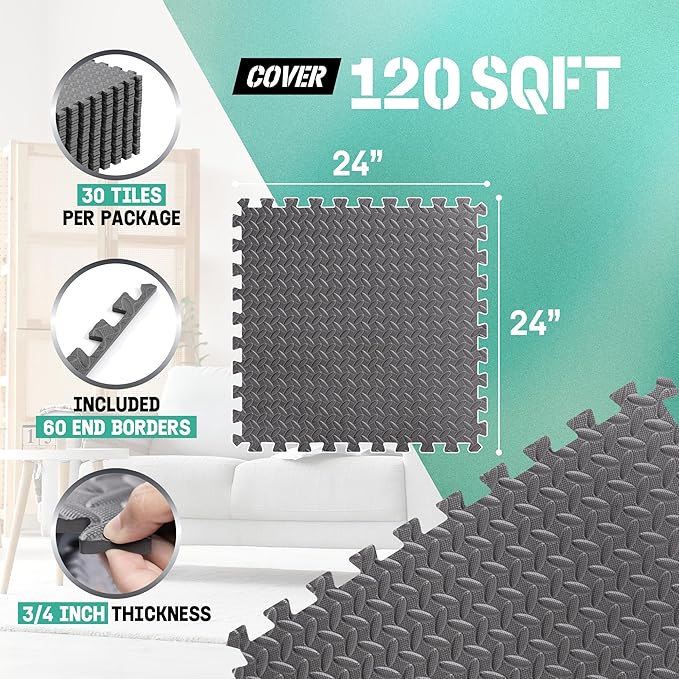 Yes4All 24SQFT-120SQFT Puzzle Exercise Mat for Home Gym, EVA Interlocking Foam Floor Tiles with Border for Workout Equipment