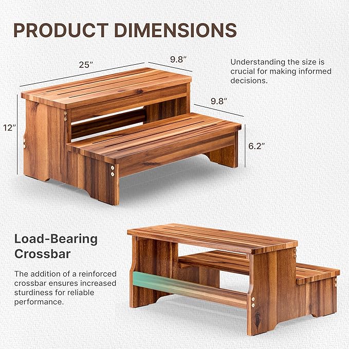 TINAMO 25" Long Step Stool for Adult & Kid - Acacia Wood Two Step Stool 500 Lbs - Wooden Riser 2-Step Spa & Hot Tub Stairs for Pool - Heavy Duty 2 Step Stools for Bed, Kitchen,Outdoor (Patent Pending)