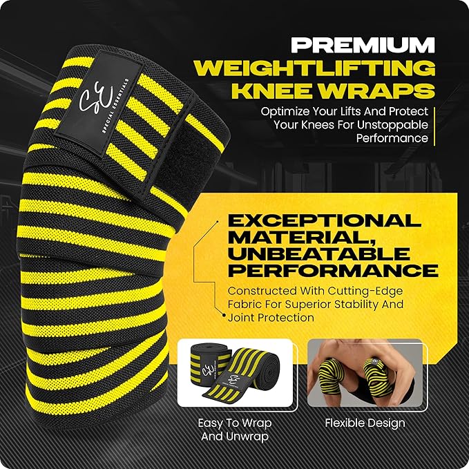 Special Essentials Knee Wraps for Weightlifting with Strap (2 Pack) - 72 Inches Flexible Support for Men & Women, for Powerlifting, Squats, Leg Press, and Cross Training