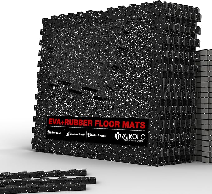 Mikolo 0.56'' Thick 12 Pcs 48 Sq Ft Gym Flooring Mats, High-Density EVA Foam with Rubber Top, Interlocking Exercise Equipment Mats for Home Gym, Protective Workout Mat
