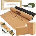 Y O Gayo Premium Cork All-in-One Yoga Essentials Kit -Large Cork Yoga Mat 5mm and Blocks Set with Carry Strap and Alignment lines, 10ft Stretch Strap, Your Ultimate Yoga Starter Set
