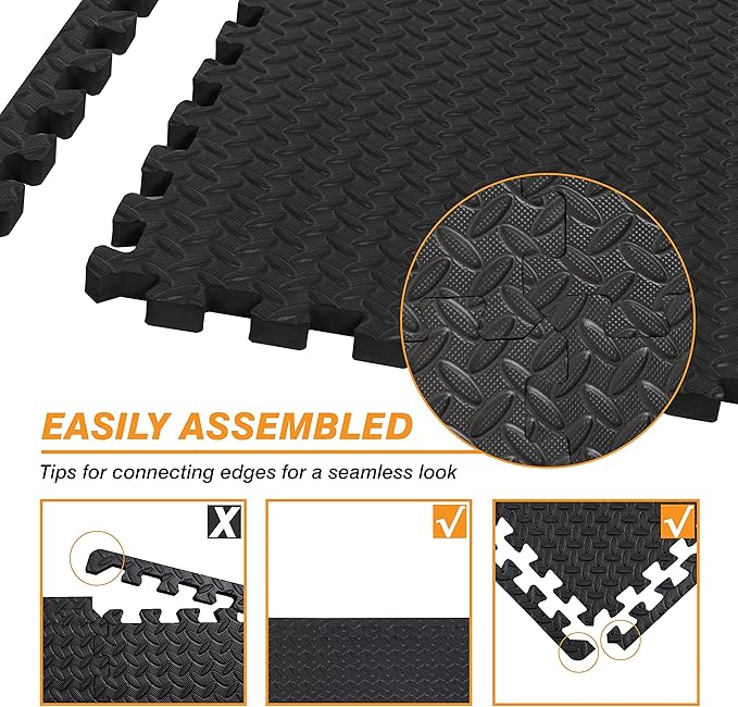 Mat Block APM36001BK Torin Interlocking Foam Exercise Floor Mats: 144 SQ FT, 1/2 inch, 36 Tiles, EVA Gym Mat Flooring, Exercise Equipment Mat for Home Gym Equipment, Black