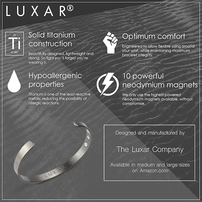 LUXAR Men's/Women's Magnetic Therapy Bracelet | Solid Titanium or Solid Copper | Sophisticated Solid Titanium Bangle with Rare-Earth Neodymium Magnets