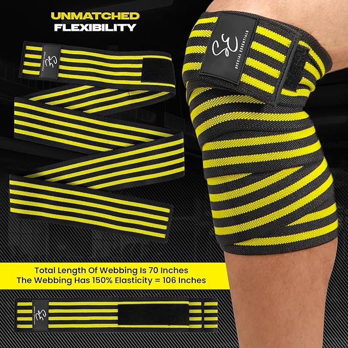 Special Essentials Knee Wraps for Weightlifting with Strap (2 Pack) - 72 Inches Flexible Support for Men & Women, for Powerlifting, Squats, Leg Press, and Cross Training