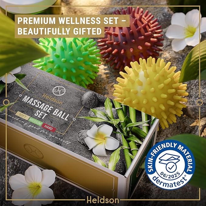 HELDSON® 3 Spiky Massage Balls Set [Soft, Medium, Firm] - Foot Roller Massager Spikes - Spike Trigger Point Ball for Back Pain Relief & Feet - Plantar Fasciitis Deep Tissue Therapy - Spikey Pressure