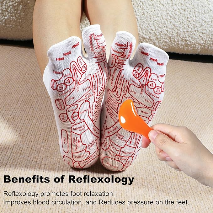 Reflexology Socks with Beginner Acupoint Massage Tools Set of 5 - Foot Pain Relief Remedy for Foot Massage Rod for Women and Men Tired Relieve (Woman-Small-Red)
