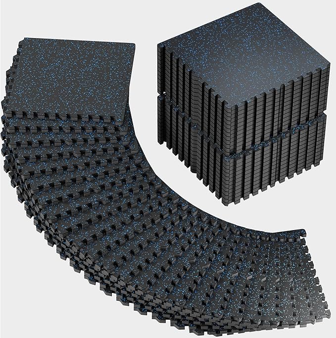 PRAISUN 0.6" Thicker Rubber Top Gym Flooring for Home Gym, 48 Pcs 192 Sq Ft Workout Mats, Exercise Mat, Interlocking Rubber Floor Mats with High Density EVA Foam for Garage, 24 x 24in, Black/Blue