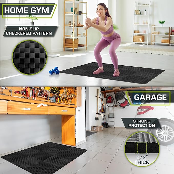 ProsourceFit Exercise Puzzle Mat ½-inch, Checkered EVA Foam Floor Tiles w/ Non-Slip Texture, Gym Mats w/ Interlocking Flooring for Adjustable Surface, Shock Absorbing, Black, 12 SQ FT - 12 Pieces