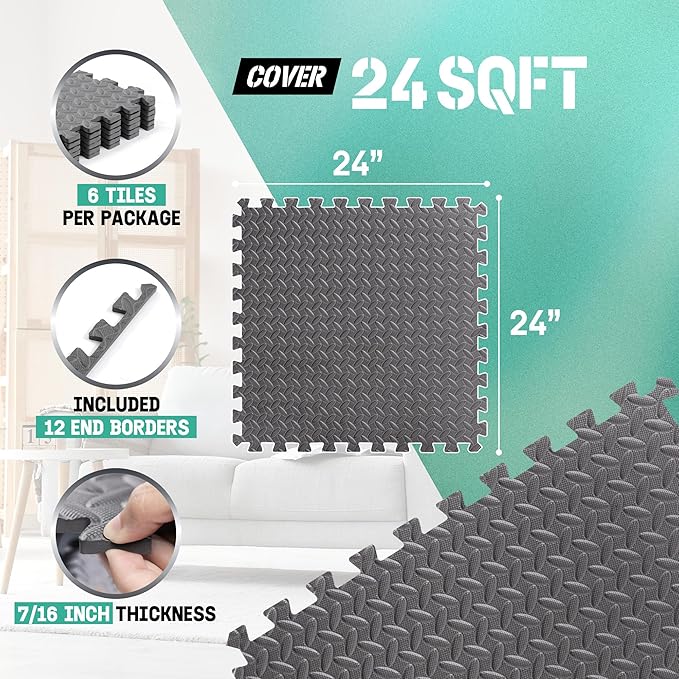 Yes4All 24SQFT-120SQFT Puzzle Exercise Mat for Home Gym, EVA Interlocking Foam Floor Tiles with Border for Workout Equipment