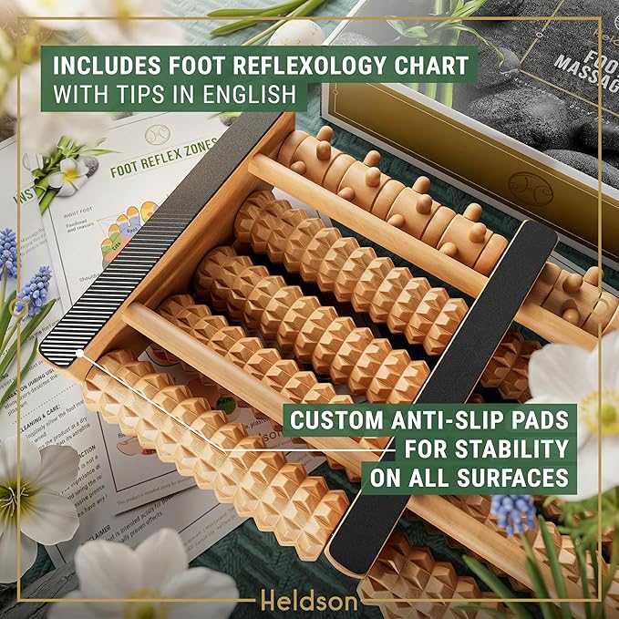 HELDSON® Foot Massager Roller Plantar Fasciitis Pain Relief - Wooden Under Desk Feet Massage - Dual Manual Heel Massagers - Wood Rolling Acupressure Tool with Reflexology Guide - Gift for Men, Women