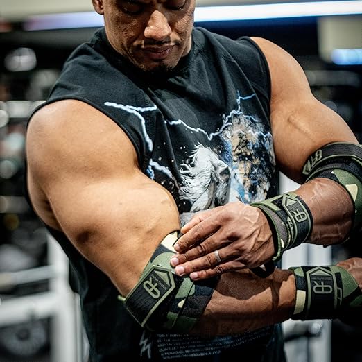 Elbow Wraps for Weightlifting - Heavy Duty Construction, 25% More Elasticity, Reinforced Stitching, Extra Wide Fastener, Easy to Adjust, (Digital Green Camo)