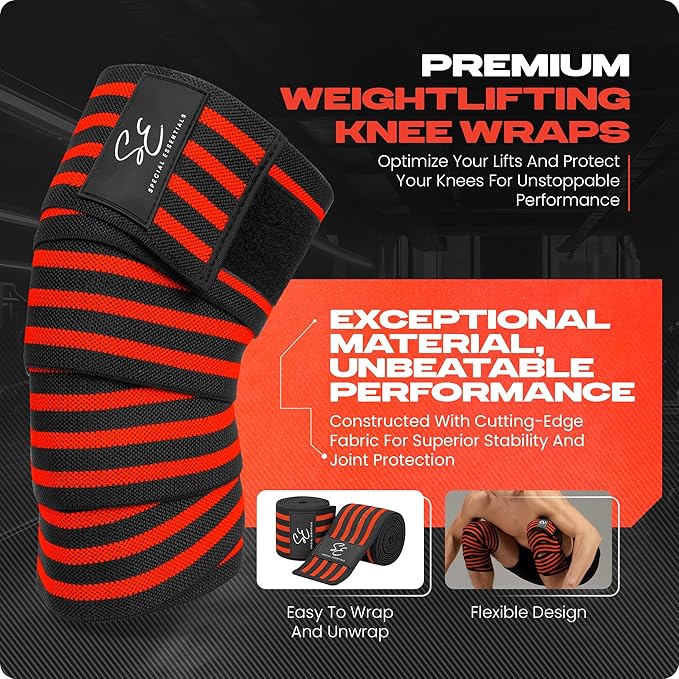 Special Essentials Knee Wraps for Weightlifting with Strap (2 Pack) - 72 Inches Flexible Support for Men & Women, for Powerlifting, Squats, Leg Press, and Cross Training