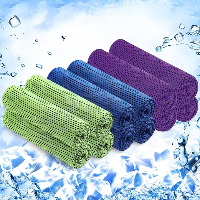 Hosuly 12 Pieces Cooling Towels for Hot Weather Soft Breathable Cold Towel Yoga Towels for Sweat, Sports, Workout, Fitness, Gym, Running, Travel Camping, 12 x 40 Inch (Dark Blue, Green, Purple)