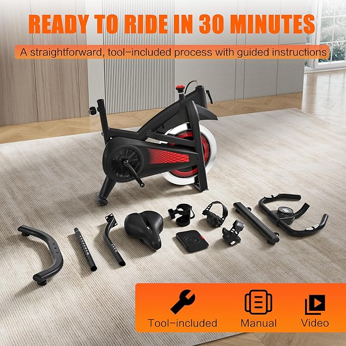 Exercise Bike, Wool Felt Brake Pad Stationary Bike - Quiet Belt Drive Indoor Cycling Bike for Home Cardio, Adjustable Handlebar & Extra Soft Seat, Digital LED Monitor with 300lb Weight Capacity