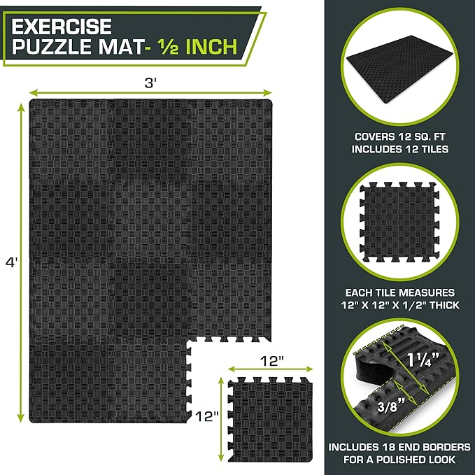 ProsourceFit Exercise Puzzle Mat ½-inch, Checkered EVA Foam Floor Tiles w/ Non-Slip Texture, Gym Mats w/ Interlocking Flooring for Adjustable Surface, Shock Absorbing, Black, 12 SQ FT - 12 Pieces