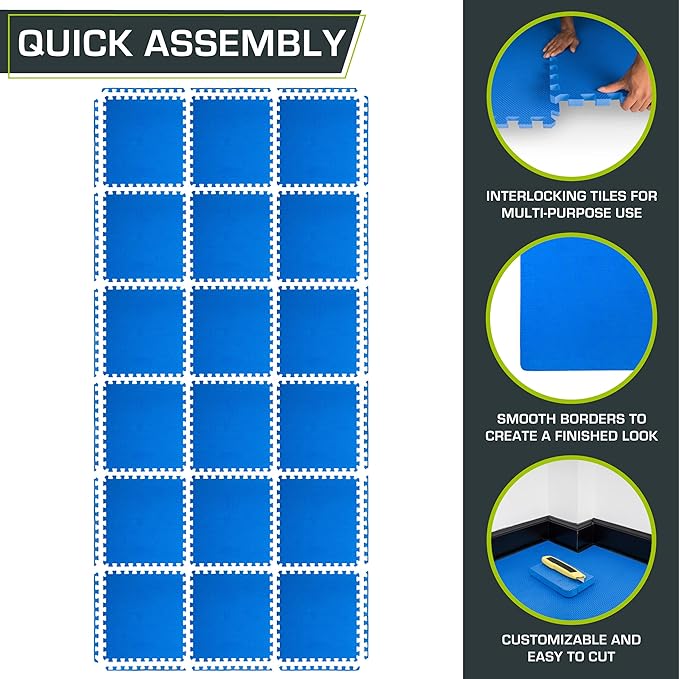 ProsourceFit Extra Thick Puzzle Exercise Mat 1", EVA Foam Interlocking Tiles for Protective, Cushioned Workout Flooring for Home and Gym Equipment, Blue 3-pack