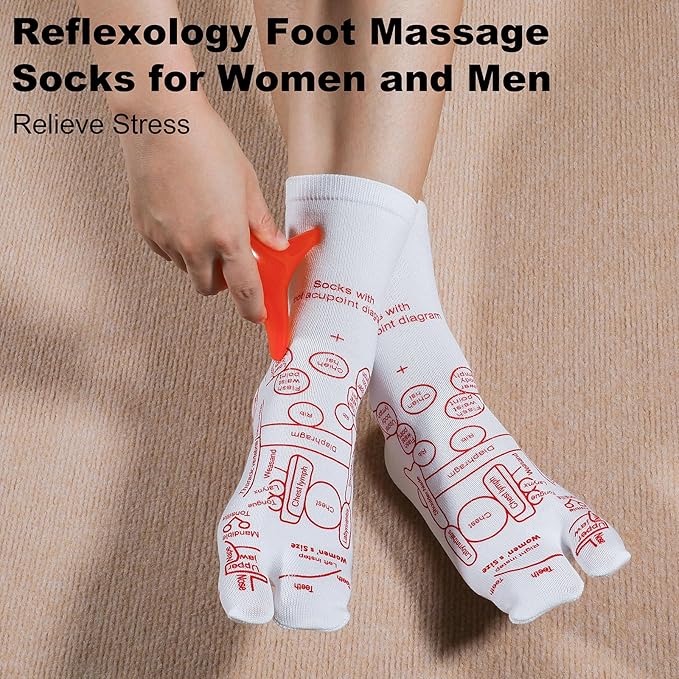 Reflexology Socks with Beginner Acupoint Massage Tools Set of 5 - Foot Pain Relief Remedy for Foot Massage Rod for Women and Men Tired Relieve (Man-Big-Red)