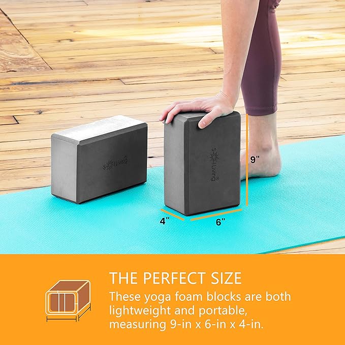 Sol Living Yoga Blocks 2 Pack High Density EVA Foam Yoga Cushion Stretching Pilates Meditation Exercise Equipment Support Deepen Poses Odor Free Non Slip Yoga Accessories - 4" x 6" x 9"- Black