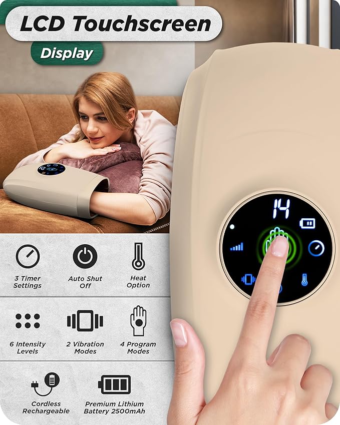 Lunix LX7 LCD Touchscreen Hand Massager, Heated Air Compression, for Arthritis & Carpal Tunnel Relief, Finger Numbness & Wrist Pain Relief, Cordless Rechargeable, Sand Beige