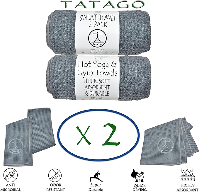 Tatago Hot Yoga Sweat & Hand Towel - Soft & Absorbent, Quick Drying Microfiber Non Slip for XL Yoga Mat or Gym - Travel Towel 2-Pack