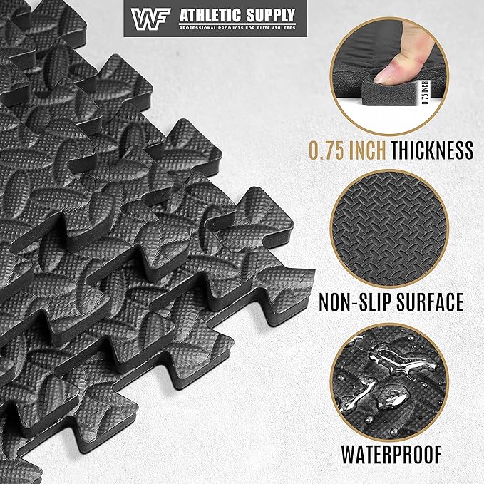 WF Athletic Supply Interlocking Exercise Foam Mats, 3/4-Inch Thickness Gym Flooring Tiles, Extra Thick Eva Foam Fitness Equipment Mat & Home Protective Flooring Cushion