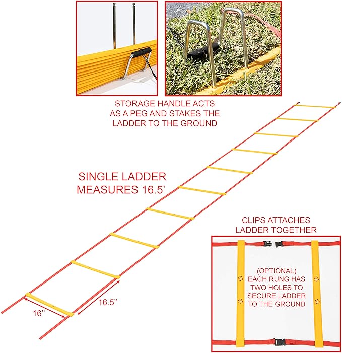 Valor Fitness Agility Training Ladder – 33 Ft with Storage Pegs & Carry Bag, 2 Clipped Sections for Speed, Agility, Footwork & Coordination Training for Adults & Kids