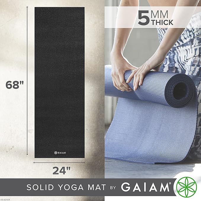 Gaiam Yoga Mat - Premium 5mm Solid Thick Non Slip Exercise & Fitness Mat for All Types of Yoga, Pilates & Floor Workouts (68" x 24" x 5mm)