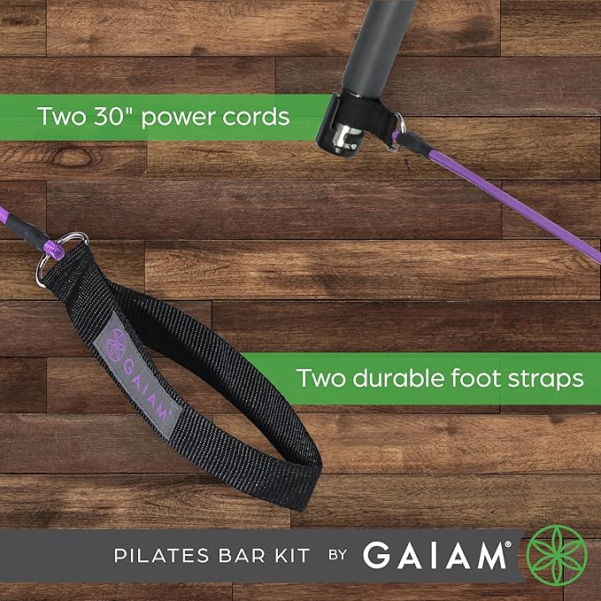 Gaiam Restore Pilates Bar Reformer Kit - Home Fitness Equipment for Total Body Workout - Includes Bar, Two 30-Inch Resistance Band Cords with Attached Foot Strap Loops - Exercise Guide Included