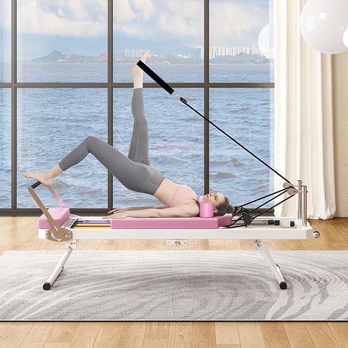 Beige Pilates Reformer, Foldable Pilates Machine for Home Gym Workout, Pilate Equipment with High Strength Alloy Springs for Beginners, Up to 330lbs