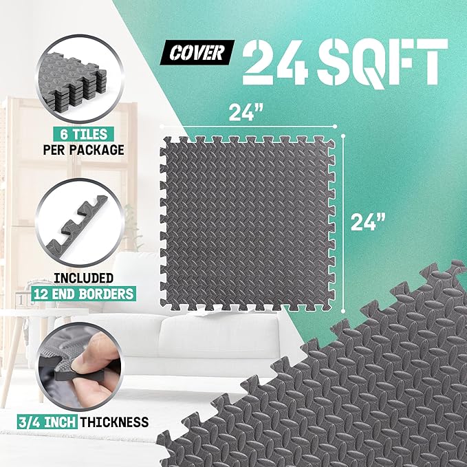 Yes4All 24SQFT-120SQFT Puzzle Exercise Mat for Home Gym, EVA Interlocking Foam Floor Tiles with Border for Workout Equipment
