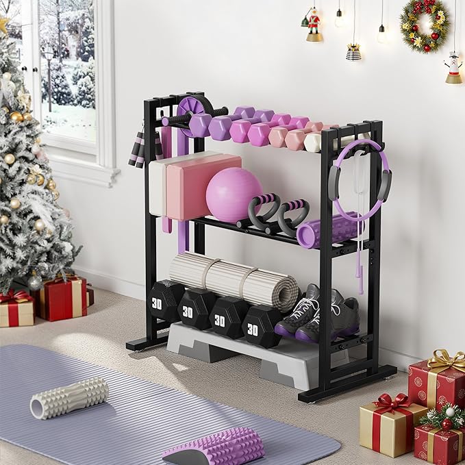 niffgaff 3 Tier Adjustable Dumbbell Rack with Hooks, Extended Base Weight Storage for Home Gym – Holds Up to 450 lb, Space-Saving Fitness Equipment Organizer (Rack Only)