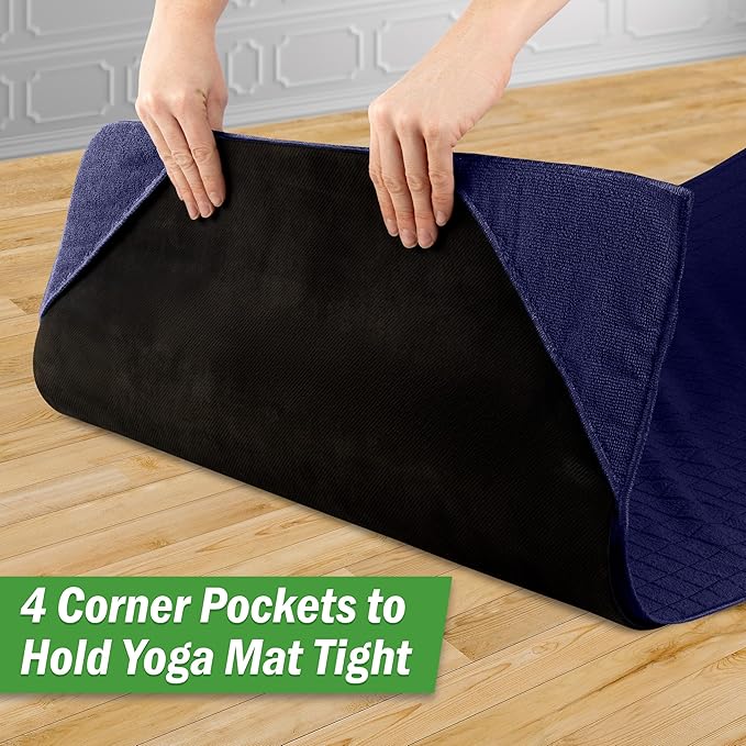Yoga Mat Towel and Gym Towel Set - 2-Piece Non Slip Set for Hot Yoga, Pilates, and Gym - 72” x 24” Sweat Absorbent and Quick Drying Blanket with Corner Pockets for Mats by Wakeman (Navy)