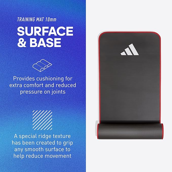 adidas 10mm Extra Thick Training Mat with Carrying Strap and Non-Slip Textured Base - Cushioned Workout Mat for Home Gym, Floor Workouts, and Intense Exercises - Portable and Durable