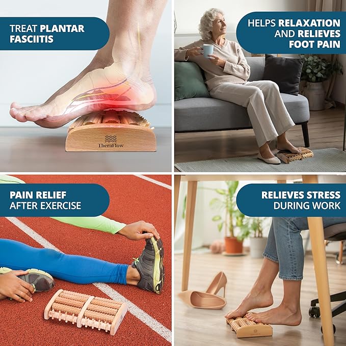 TheraFlow Wooden Foot Massager for Neuropathy, Heel Pain and Targeted Plantar Fasciitis Relief | Deep Tissue and Feet Massage for Relaxation | Reflexology Tool for Planters Facetious Relief