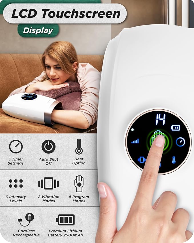Lunix LX7 FSA LCD Touchscreen Hand Massager, Heated Air Compression, for Arthritis & Carpal Tunnel Relief, Finger Numbness & Wrist Pain Relief, Cordless Rechargeable, Lunar White