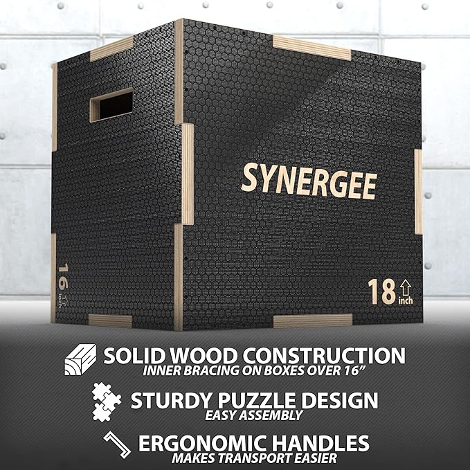 Synergee 3 in 1 Non-Slip Plyometric Box for Jump Training and Conditioning. Wooden Plyo and Soft Plyo Box All In One Jump Trainer. Sizes 20/18/16, 16/14/12