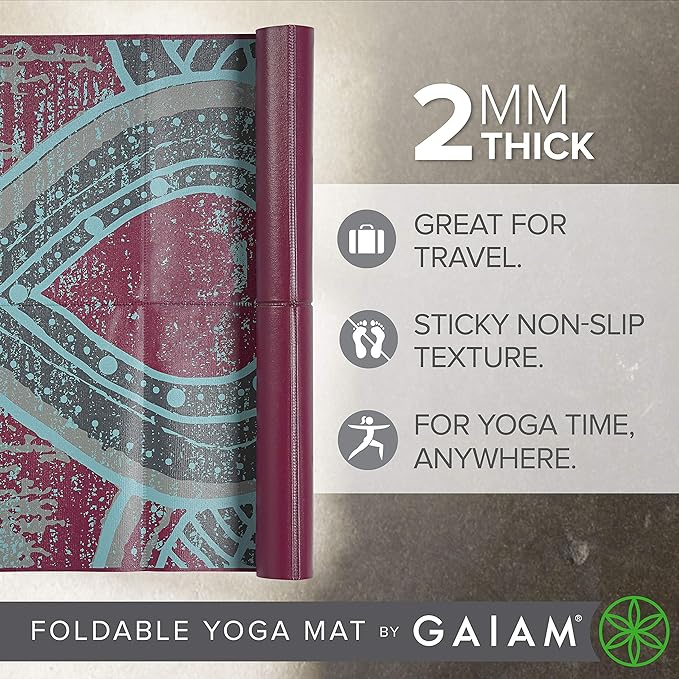 Gaiam Yoga Mat - Folding Travel Fitness & Exercise Mat - Foldable Yoga Mat for All Types of Yoga, Pilates & Floor Workouts (68"L x 24"W x 2mm Thick)